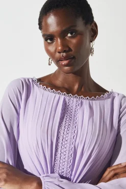 Pleated Lace Trim Tiered Midi Dress