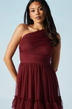 Pleated Mesh One Shoulder Tiered Bridesmaids Dress