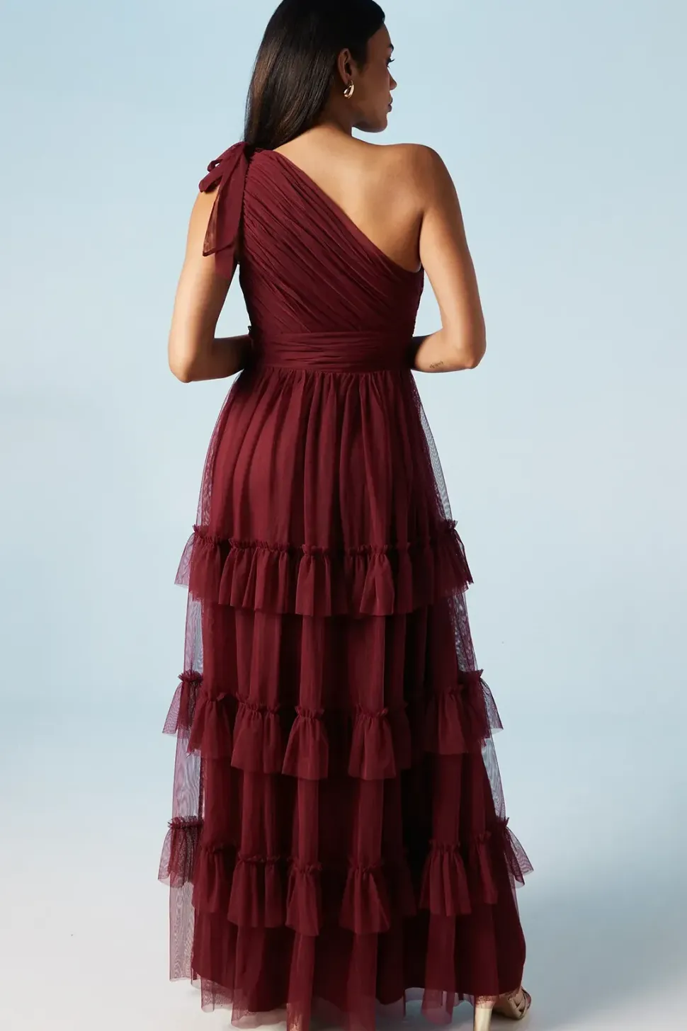 Pleated Mesh One Shoulder Tiered Bridesmaids Dress
