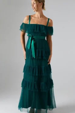 Pleated Mesh Tiered Skirt Bridesmaids Dress With Satin Belt