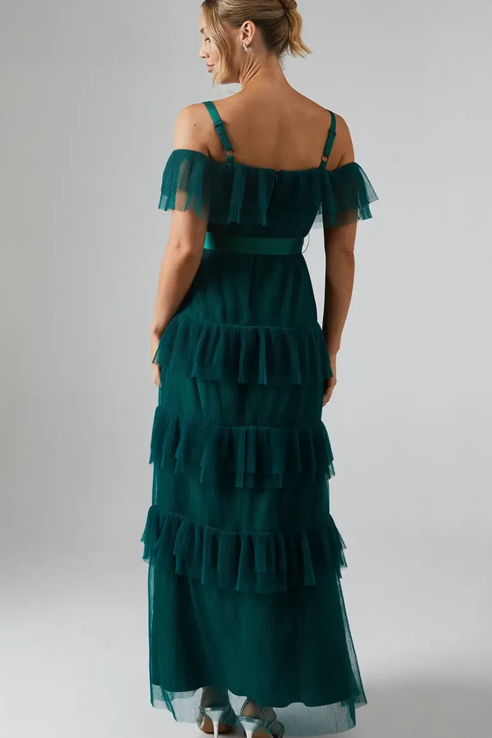 Pleated Mesh Tiered Skirt Bridesmaids Dress With Satin Belt