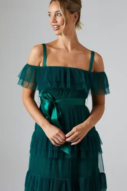 Pleated Mesh Tiered Skirt Bridesmaids Dress With Satin Belt