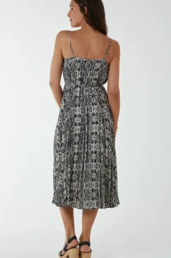 Pleated Midi Slip Dress With Lace Trim