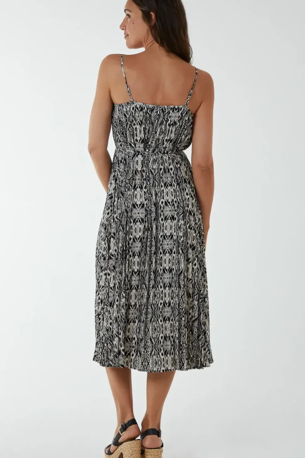Pleated Midi Slip Dress With Lace Trim
