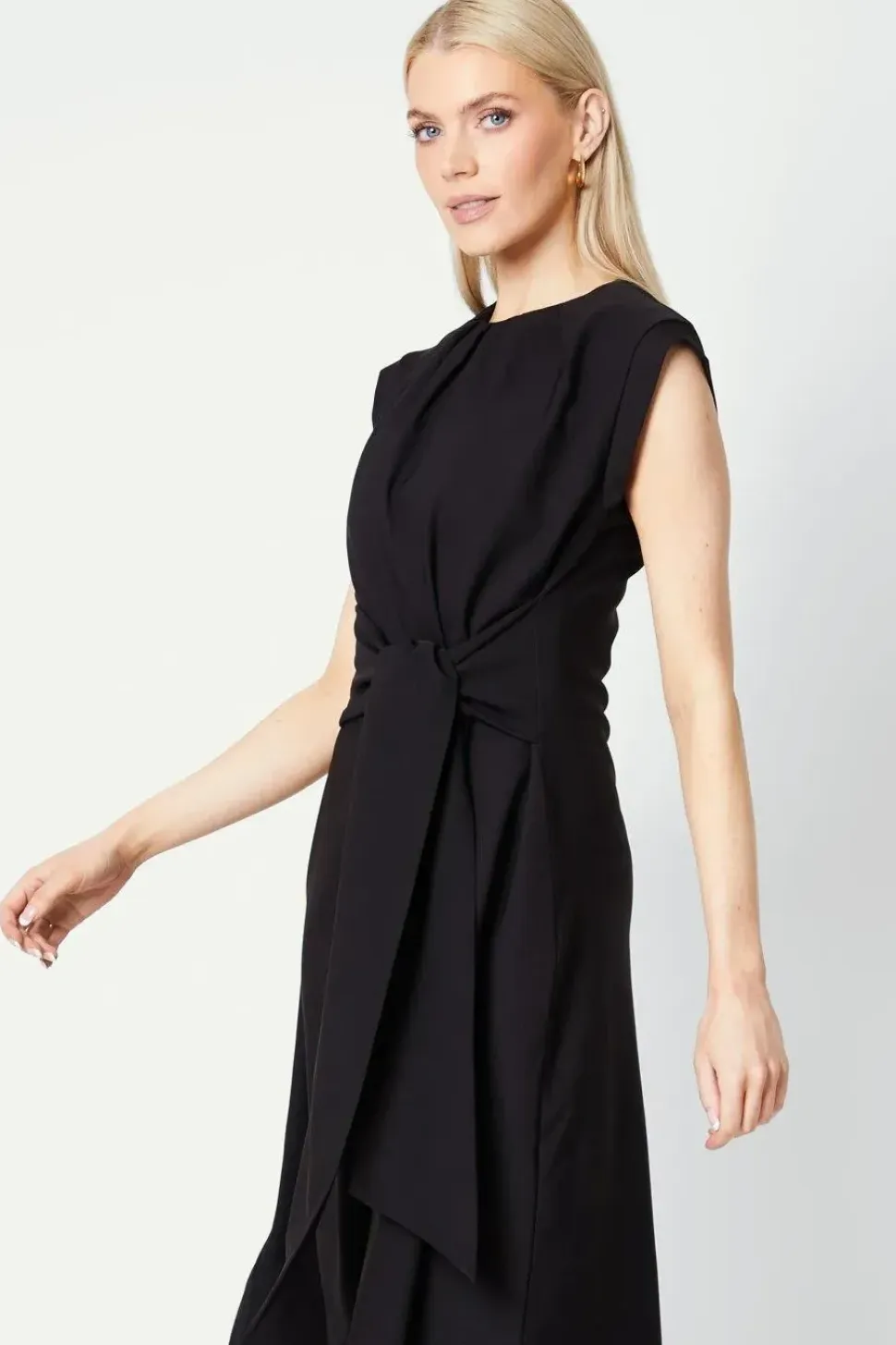 Pleated Neck Tie Waist Midi Dress