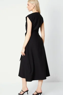 Pleated Neck Tie Waist Midi Dress