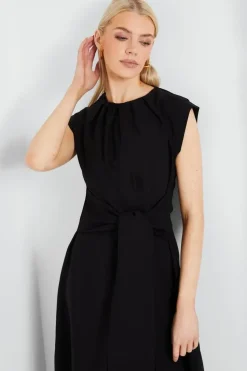 Pleated Neck Tie Waist Midi Dress