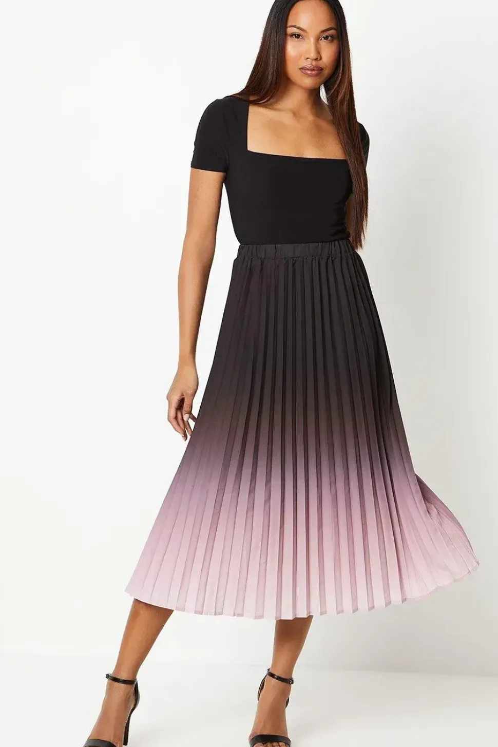 Pleated Ombre Print Midi Skirt