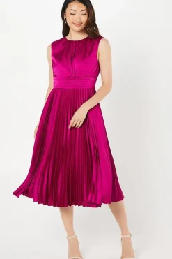 Pleated Satin Midi Wedding Guest Dress