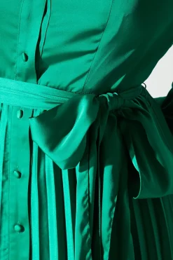 Pleated Satin Shirt Dress