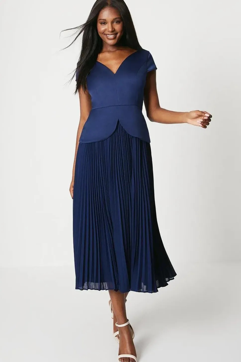 Pleated Skirt Overlay Bodice Midi Dress