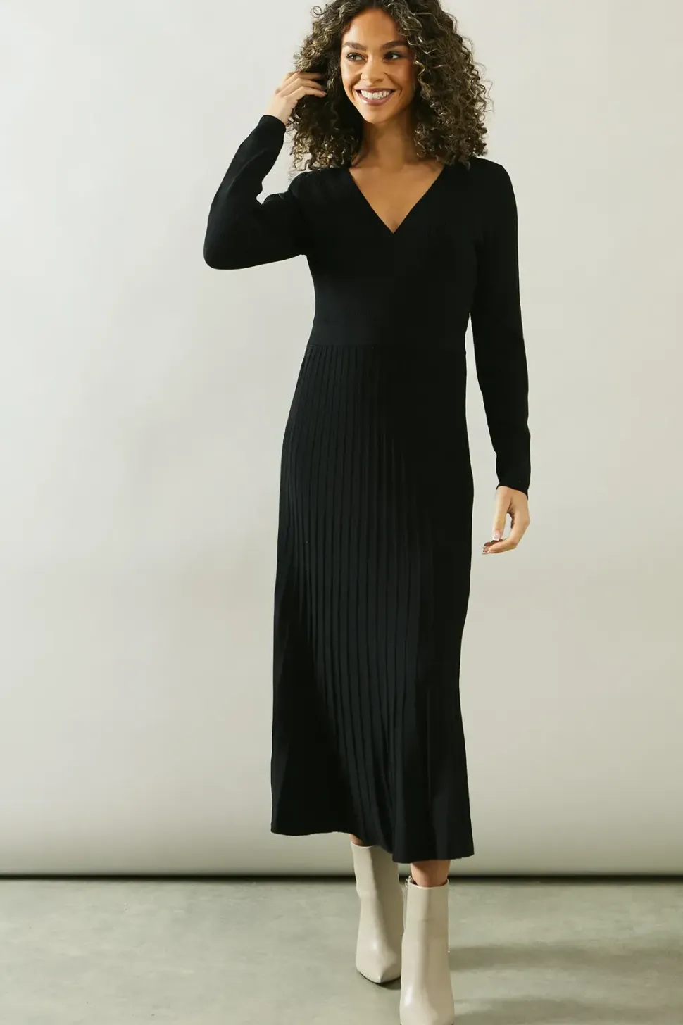 Pleated Skirt Wrap Detail Knitted Midi Dress