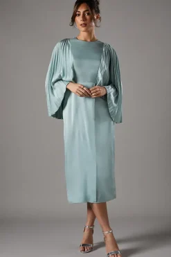 Pleated Sleeve Satin Gown