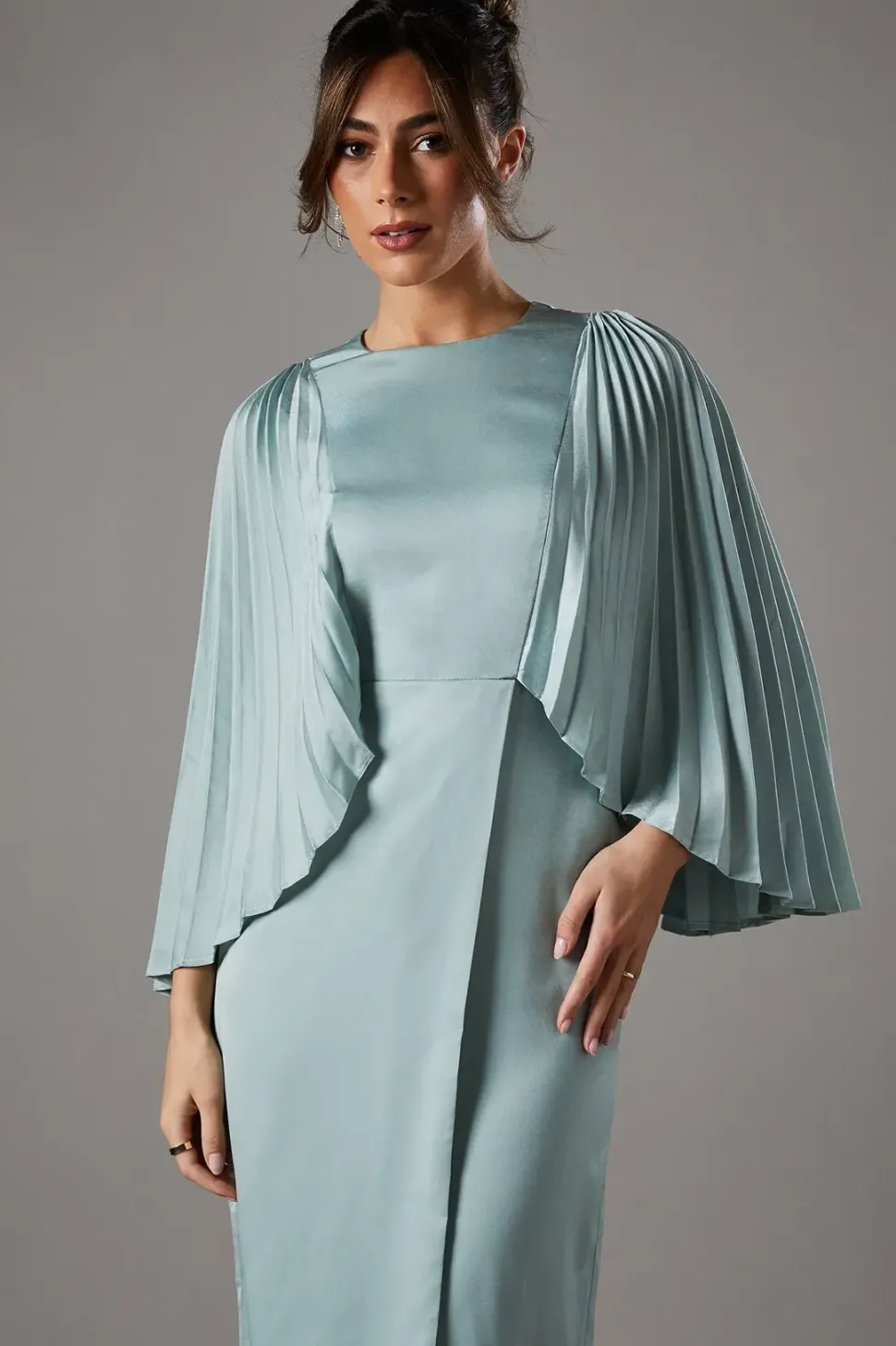 Pleated Sleeve Satin Gown
