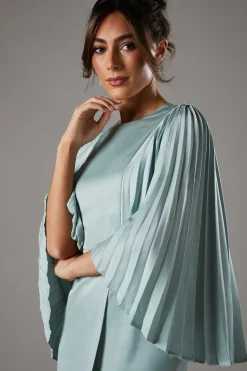 Pleated Sleeve Satin Gown