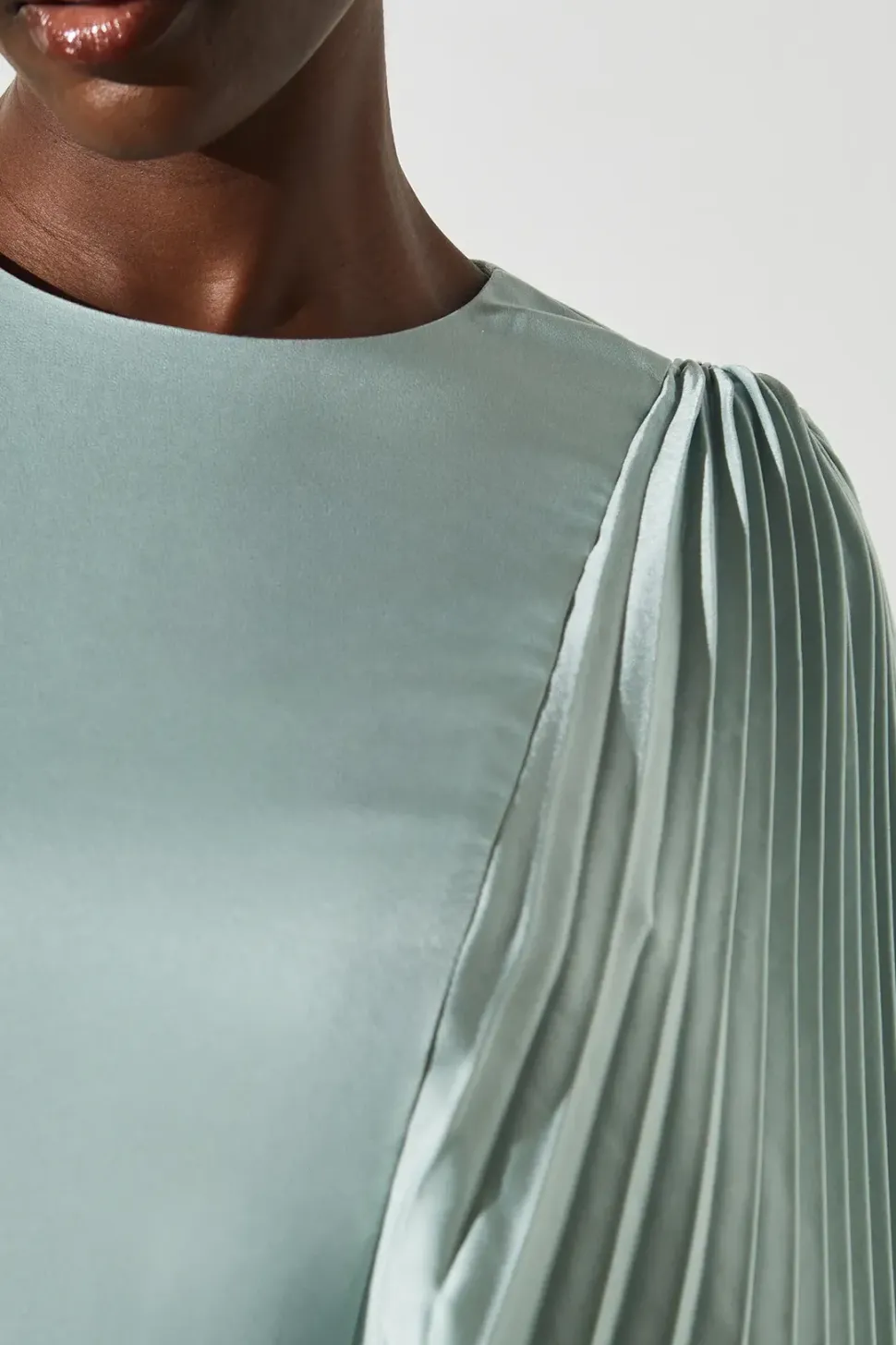 Pleated Sleeve Satin Gown