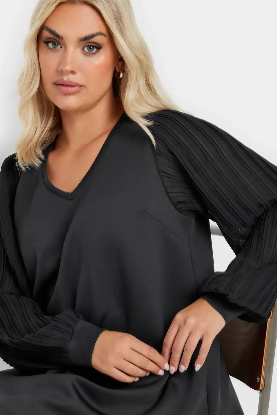 Pleated Sleeve V-Neck Top