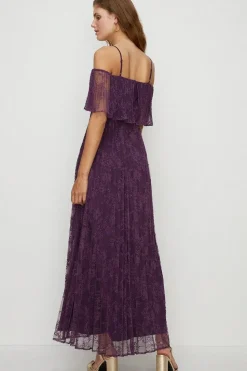 Pleated Strappy Tiered Lace Maxi Dress