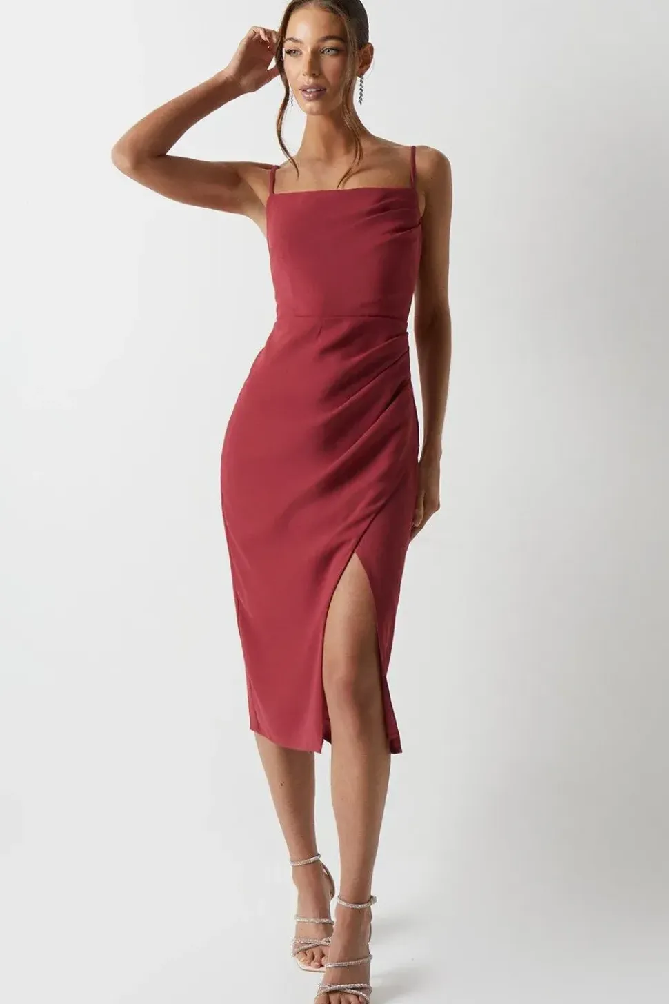 Pleated Strappy Wrap Over Satin Bridesmaids Dress