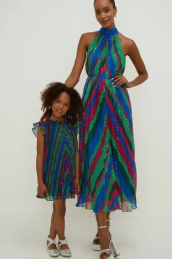 Pleated Stripe Halter Neck Trapeze Midi Dress