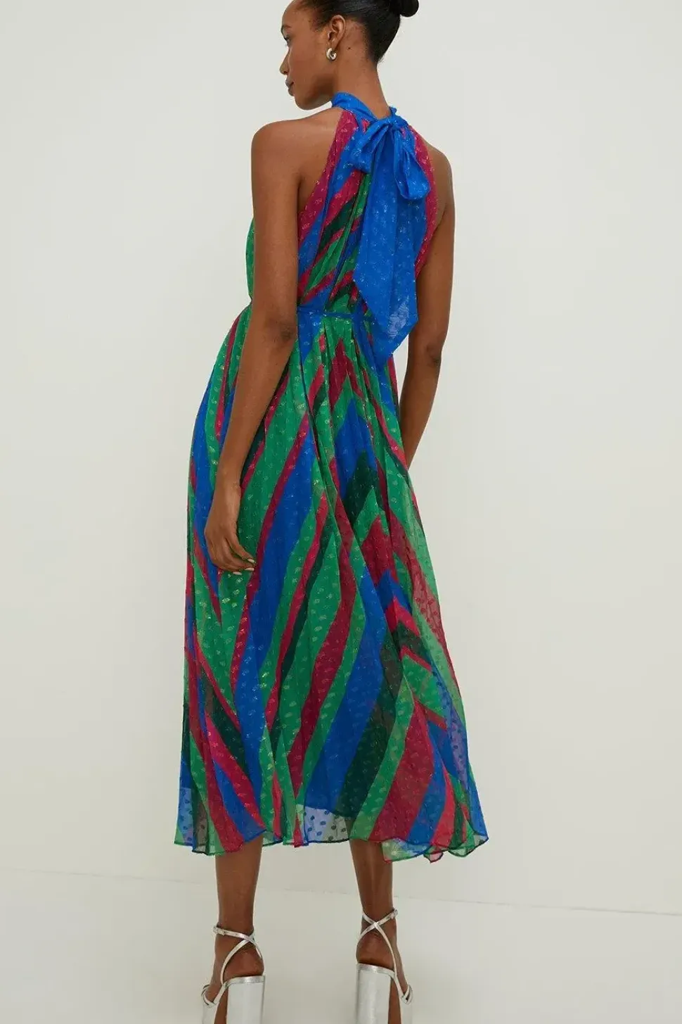 Pleated Stripe Halter Neck Trapeze Midi Dress
