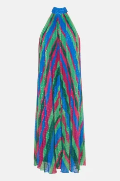 Pleated Stripe Halter Neck Trapeze Midi Dress