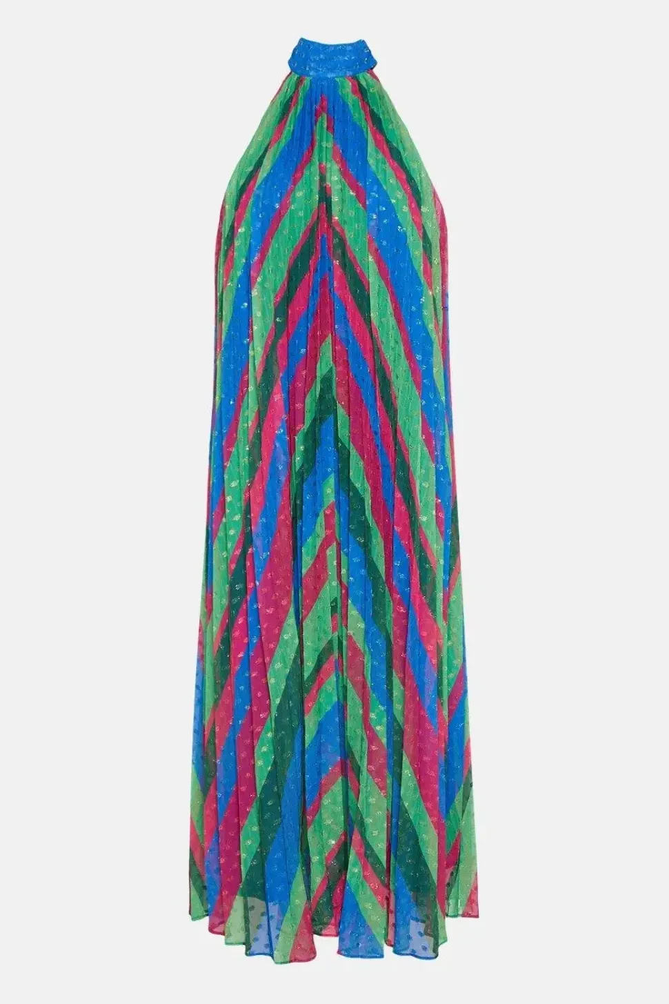 Pleated Stripe Halter Neck Trapeze Midi Dress