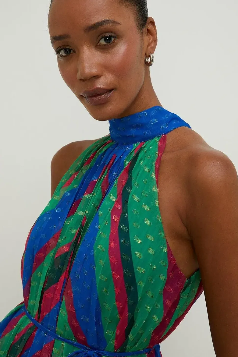 Pleated Stripe Halter Neck Trapeze Midi Dress