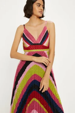 Pleated Stripe Metallic Strappy Midi Dress