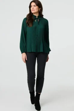 Pleated Tie Neck Long Sleeve Blouse