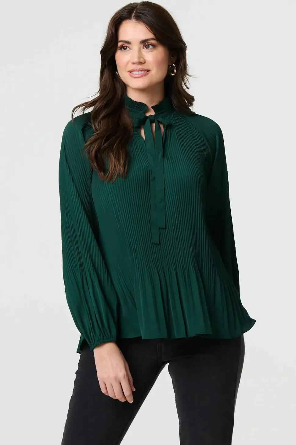 Pleated Tie Neck Long Sleeve Blouse