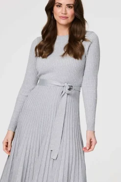 Pleated Tie Waist Ribbed Knit Midi Dress