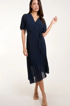 Pleated Wrap Over Belted Dress