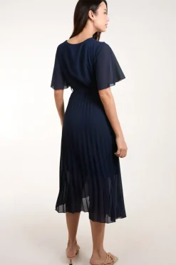 Pleated Wrap Over Belted Dress