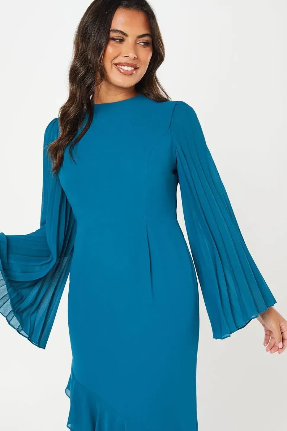 Pleat Mix Long Sleeve Midaxi Wedding Guest Dress