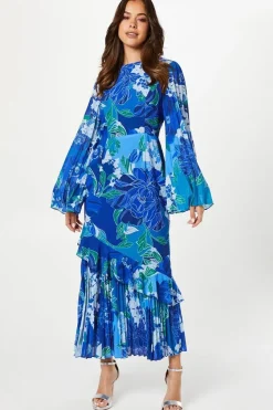 Pleat Mix Printed Long Sleeve Midaxi Wedding Guest Dress