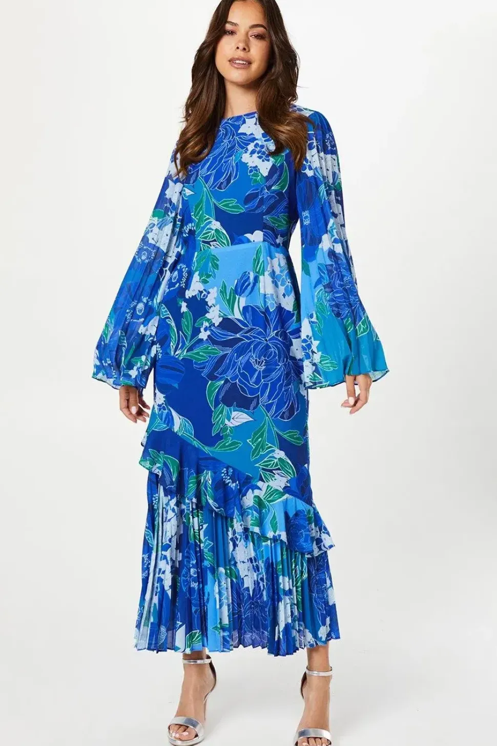 Pleat Mix Printed Long Sleeve Midaxi Wedding Guest Dress