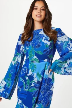 Pleat Mix Printed Long Sleeve Midaxi Wedding Guest Dress