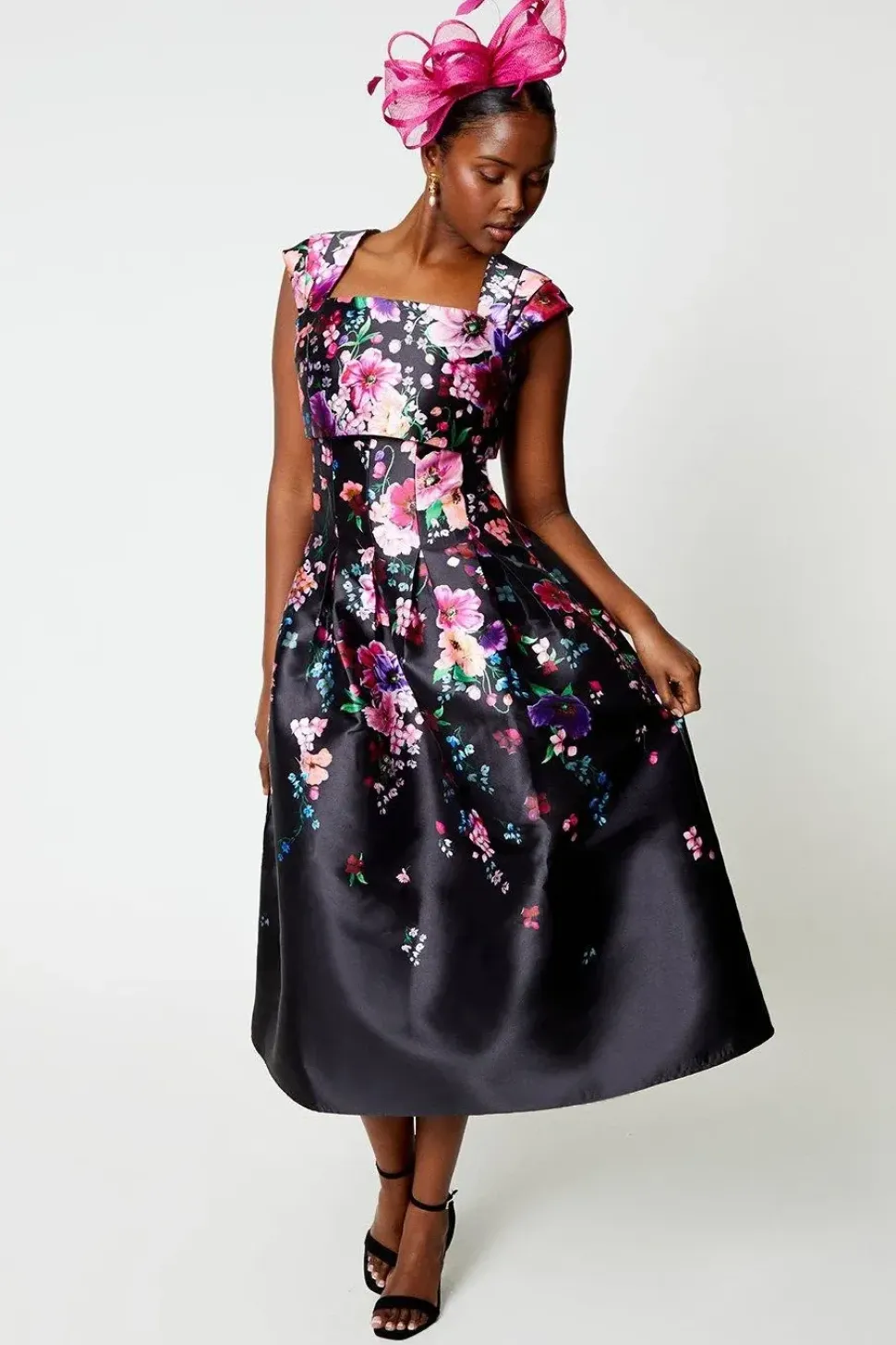 Pleat Shoulder Placement Midi Dress
