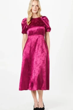 Pleat Sleeve Jacquard Satin Midi Dress