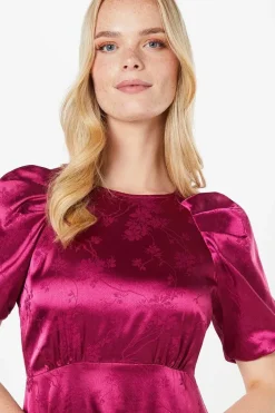 Pleat Sleeve Jacquard Satin Midi Dress