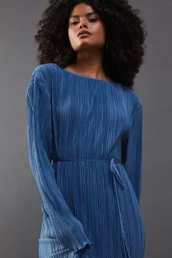 Plisse Belted Column Midi Dress