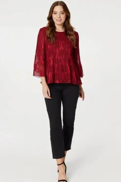 Plisse Pleated 3/4 Sleeve Blouse