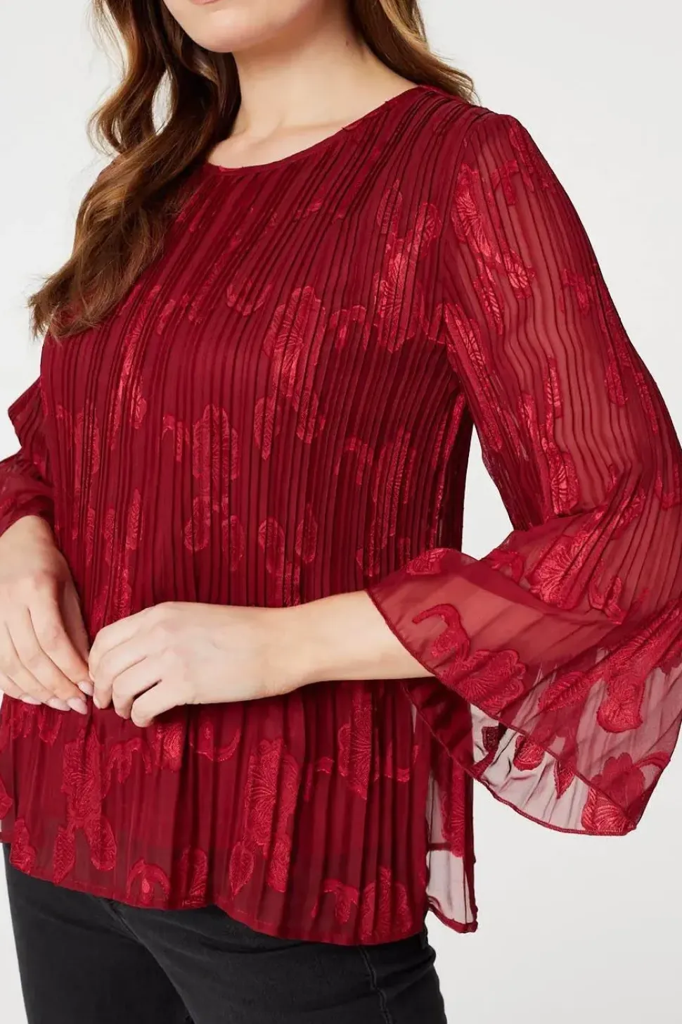 Plisse Pleated 3/4 Sleeve Blouse