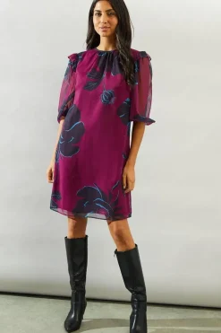 Plum Stencil Floral Volume Sleeve Shift Dress