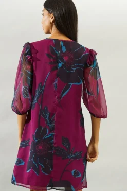 Plum Stencil Floral Volume Sleeve Shift Dress