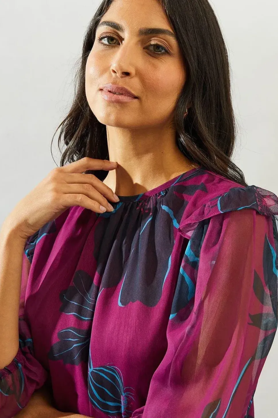 Plum Stencil Floral Volume Sleeve Shift Dress
