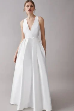 Plunge Neck Bow Waist Twill Maxi Dress With Pockets