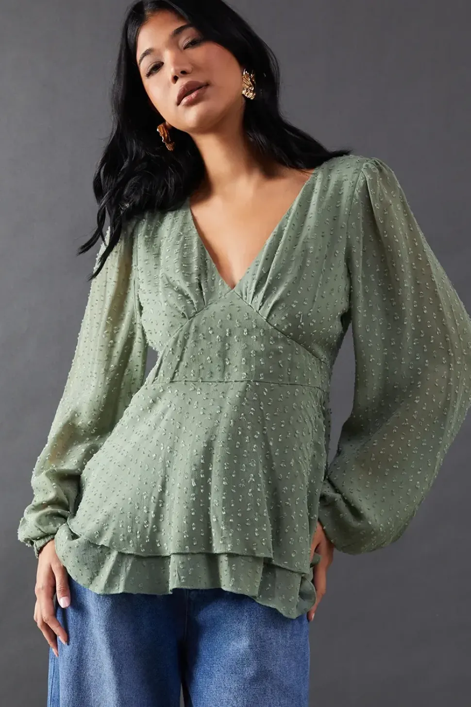 Plunge Neck Dobby Chiffon Double Layer Blouse