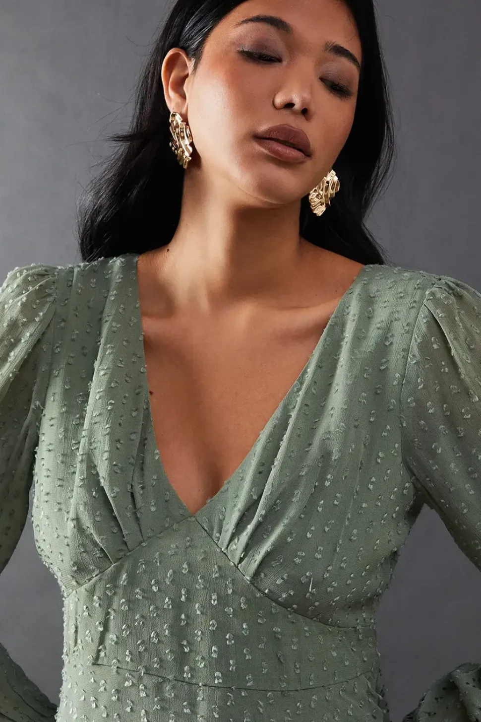 Plunge Neck Dobby Chiffon Double Layer Blouse